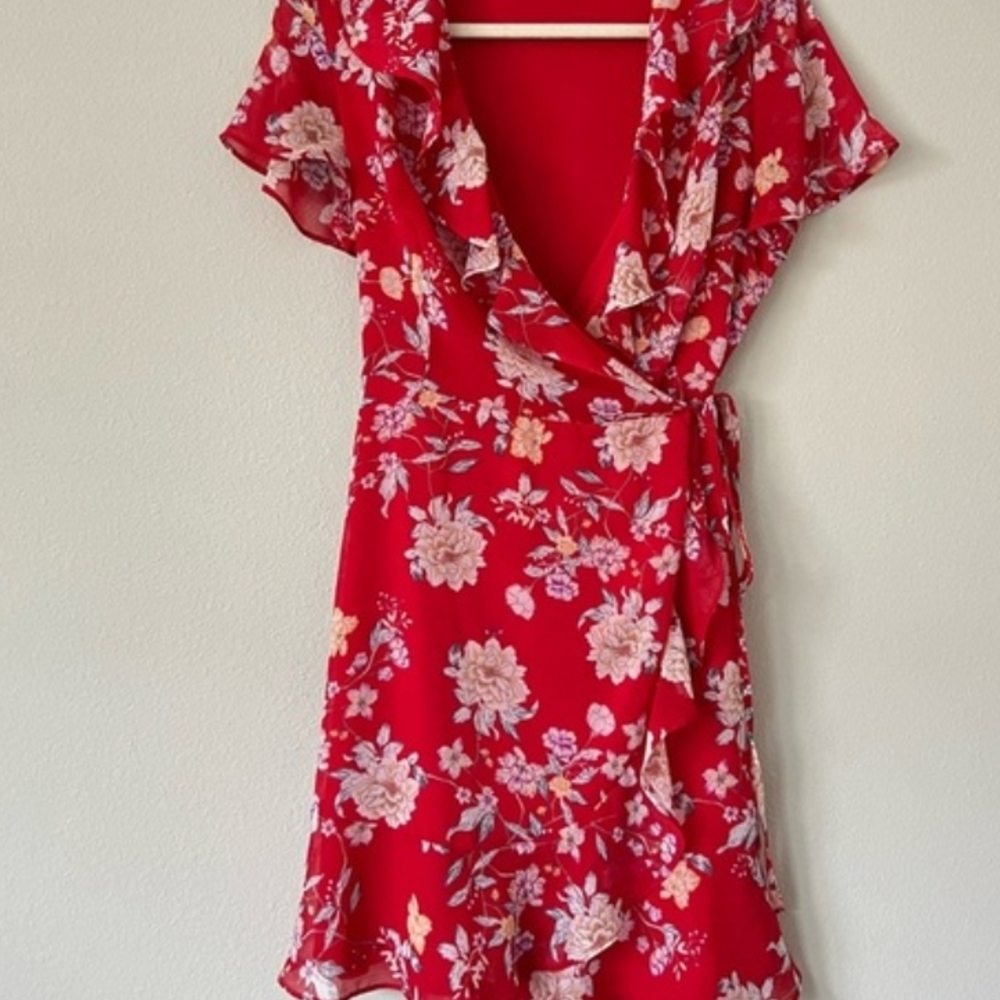 New, Small Lush Red Floral Mini Wrap Dress